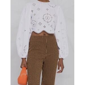 Ganni Top Womens 8 Broderie Anglaise Cropped Blouse White Scandi Cool Feminine